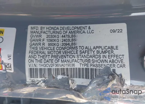 2022 Honda Accord Sport 2.0T from USA, damaged, VIN 1HGCV2F36NA019036